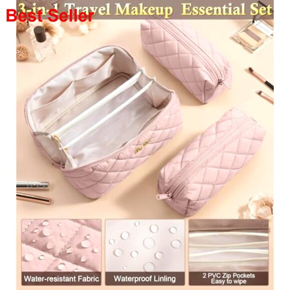 Large Capacity Travel Makeup Bag Set, 3 Pcs Quilted Water-Resistant Organizer - Picture 6 of 7